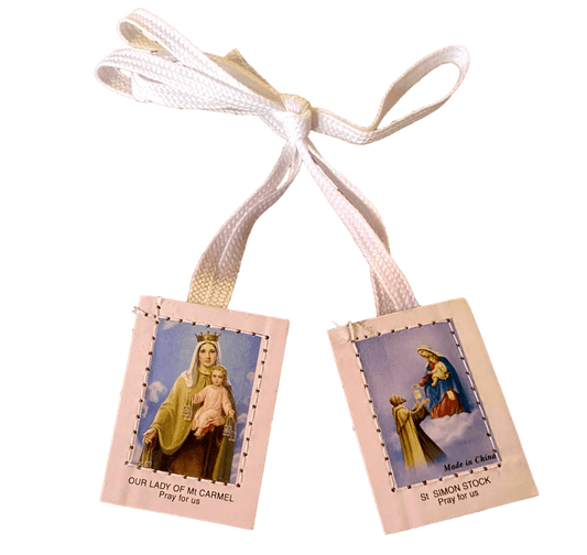 Brown scapular with images of Our Lady of Mt Carmel and St Simon Stock tied with a white cord