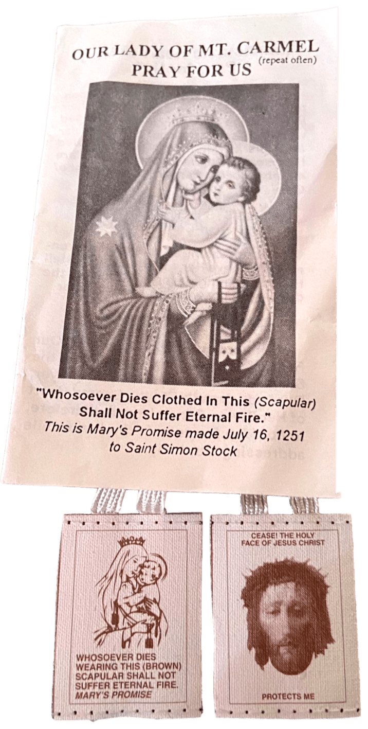 Scapular Our Lady of Mount Carmel White Wool and White Cord With Prayer Guide - Ysleta Mission Gift Shop