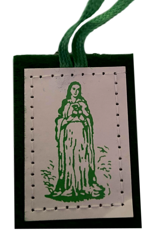 Green Scapular Immaculate Mother Mary Single Badge Stitched Green Wool With Green Cord