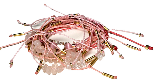 Bracelet Adjustable Assorted Pink Tones Nylon Thread Semi-Precious Stones Handmade