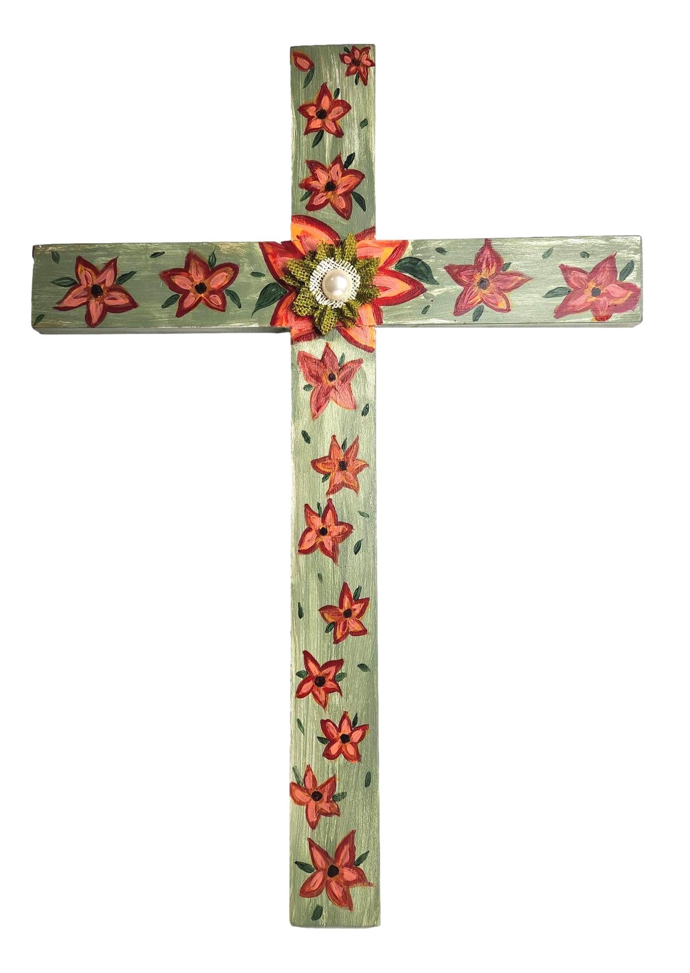 Cross Large Wood Wall Hanging Pink Floral Design Handpainted With Green Burlap Pearl Accent Center