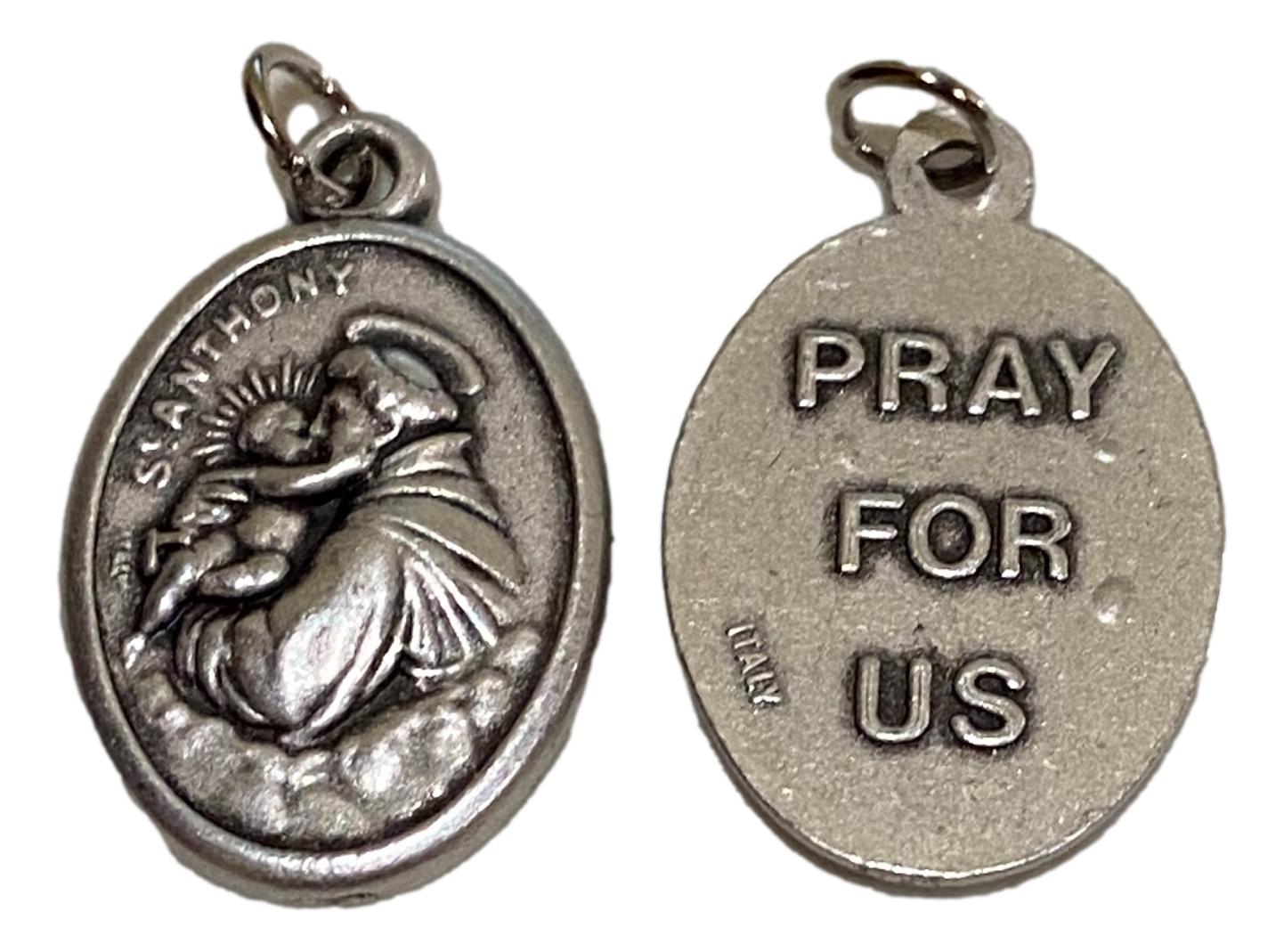 Medal Saint Anthony Pray For Us Italian Double-Sided Silver Oxidized Metal Alloy 1 inch