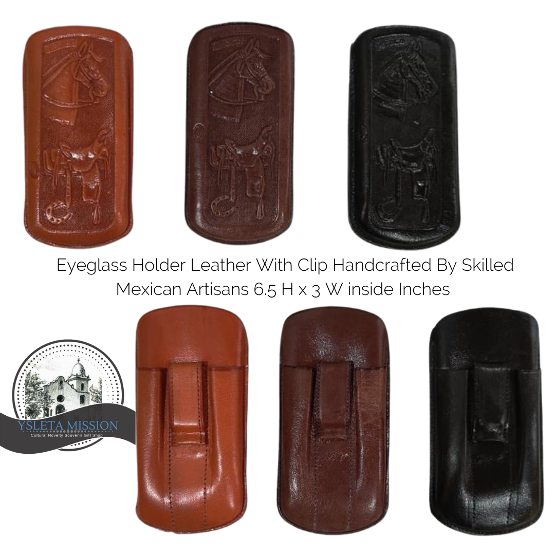 Eyeglass Holder Leather Clip Handcrafted By Skilled Mexican Artisans 6.5 H x 3 W inside Inches
