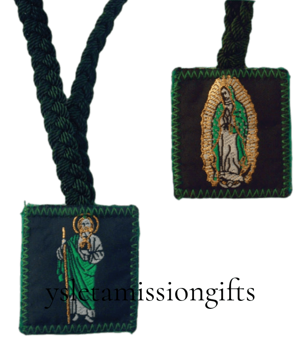 Catholic green scapular with embroidered St. Jude and Our Lady of Guadalupe images on black fabric panels