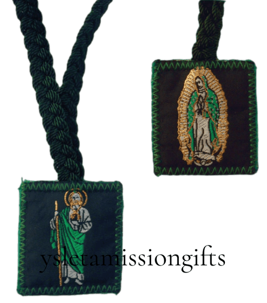 Catholic green scapular with embroidered St. Jude and Our Lady of Guadalupe images on black fabric panels