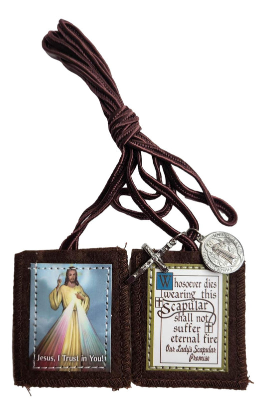 Scapular Divine Mercy Brown Medal Cross Felt Cloth Metal