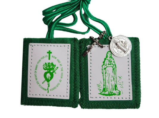 Scapular Immaculate Heart Mary Green with Medal a Cross Felt Cloth Metal
