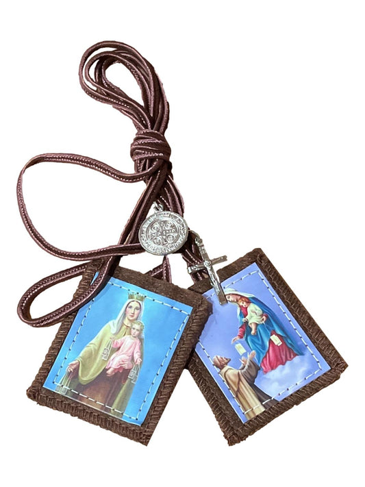 Brown Scapular Large Brown Madonna & Child With Medallions Dangling 2" L 1.5" W
