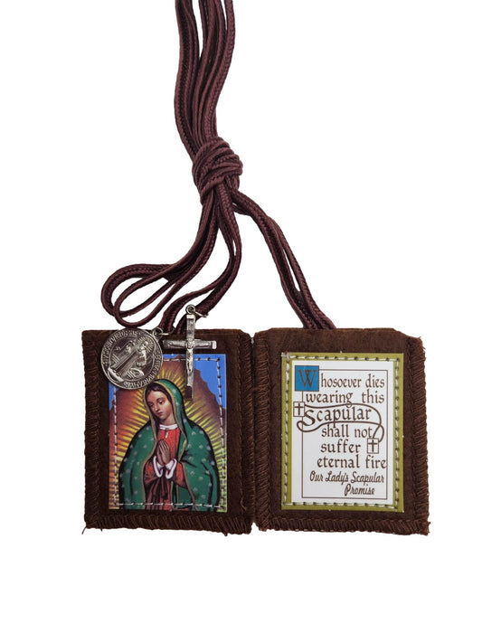 Scapular Our Lady of Guadalupe Brown Medal a Cross Felt Cloth Metal