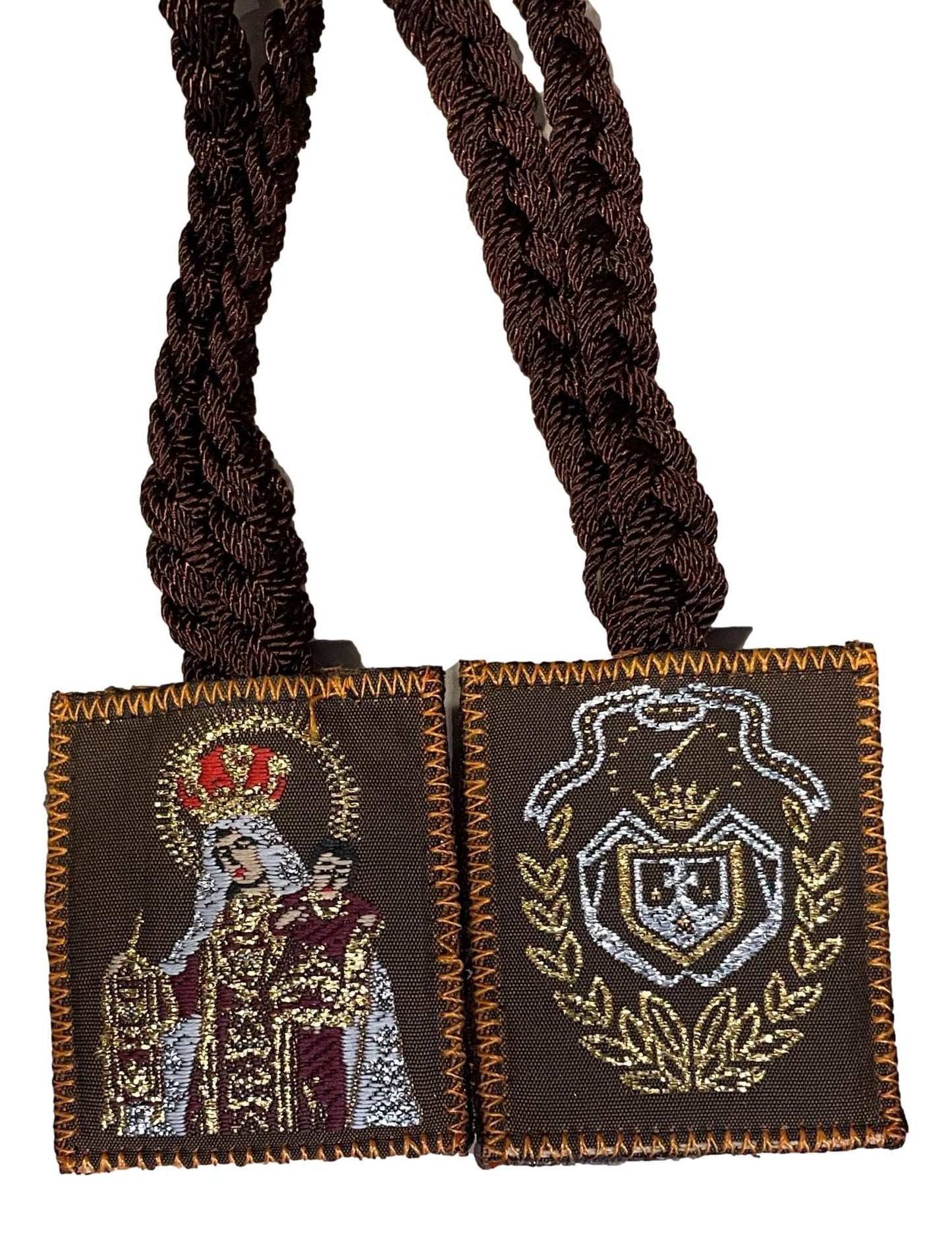 Brown braided cord scapular featuring Our Lady of Mount Carmel and Mariam emblem, 2x1.75 inches, Catholic Christian gift.