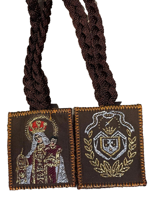 Brown braided cord scapular featuring Our Lady of Mount Carmel and Mariam emblem, 2x1.75 inches, Catholic Christian gift.