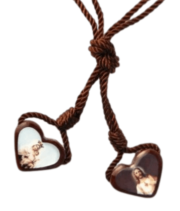 Heart-shaped wooden laminated scapular with Sacred Heart of Jesus and Our Lady of Mt Carmel images