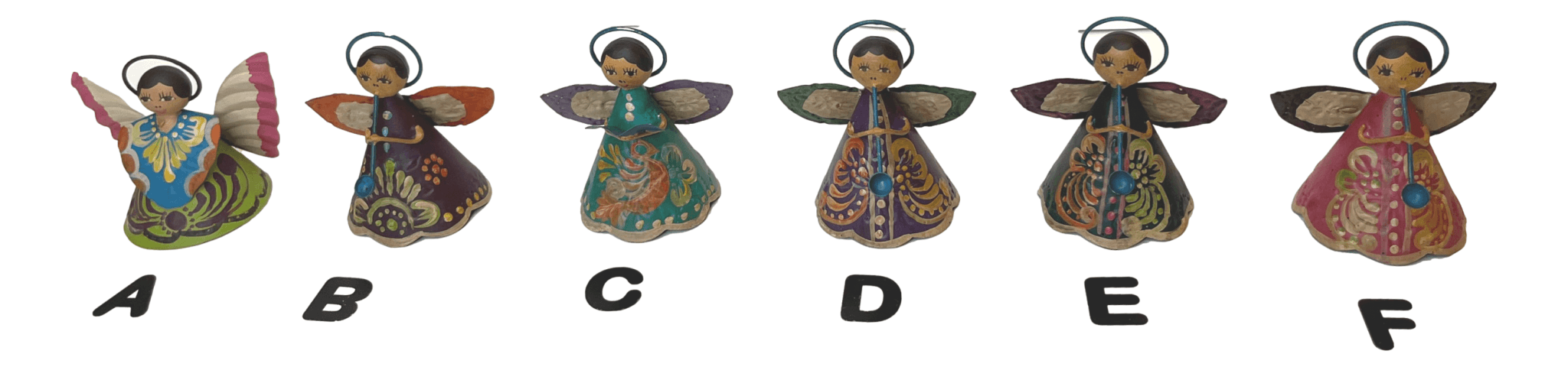 Angel Musicians Tin Painted Various Desings Handcrafted In Mexico H: 3.5 inches X D: 2.5 inches - Ysleta Mission Gift Shop- VOTED 2022 El Paso's Best Gift Shop