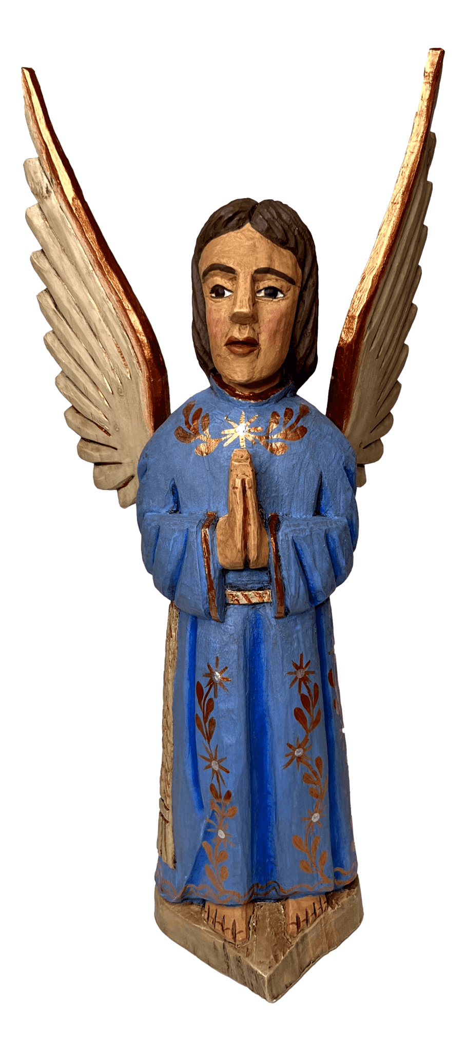 Angel Wood Statue Detachable Wings Blue Clothing Large Hand Carved By Mexican Artisans H: 20 inches X W: 8.5inches - Ysleta Mission Gift Shop- VOTED El Paso's Best Gift Shop