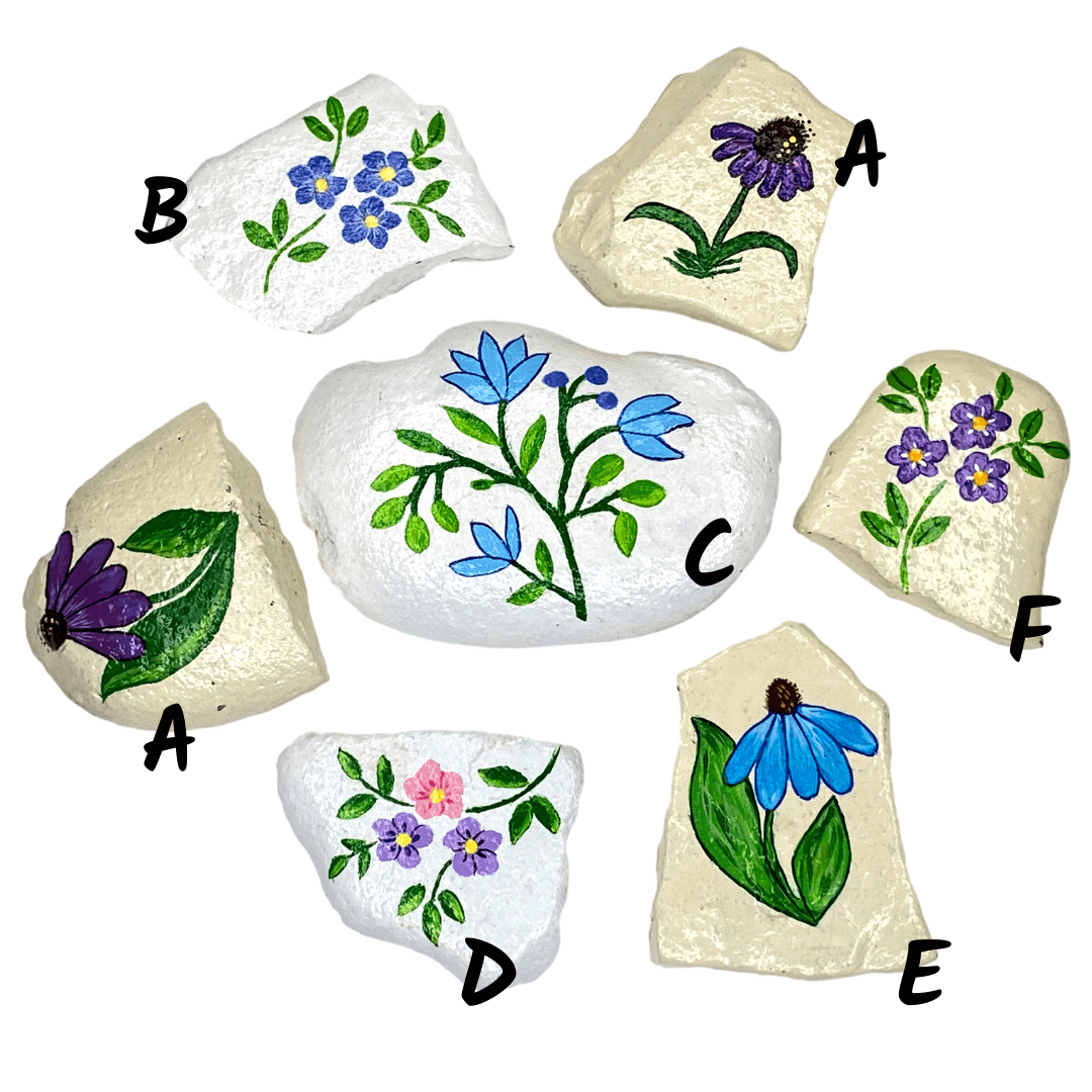 Paperweights River Rocks Various Flower Designs Handpainted - Ysleta Mission Gift Shop