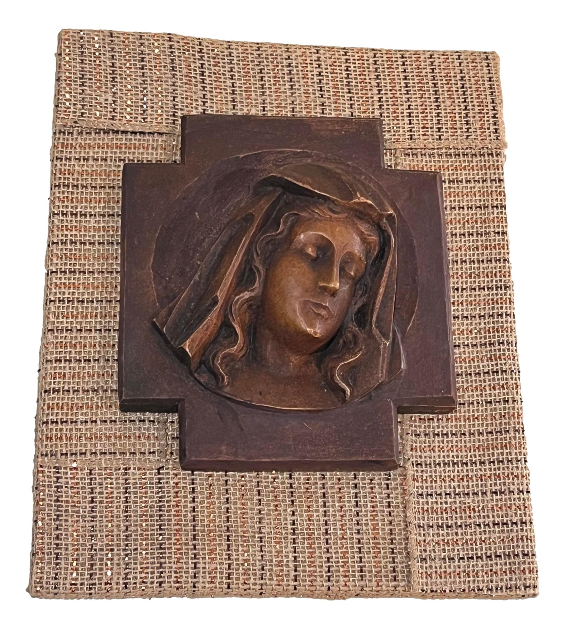 Art Virgen On Burlap Covered Wooden Plaque Handcrafted By Local Artisans L: 10 inches X W: 8 inches - Ysleta Mission Gift Shop- VOTED 2022 El Paso's Best Gift Shop