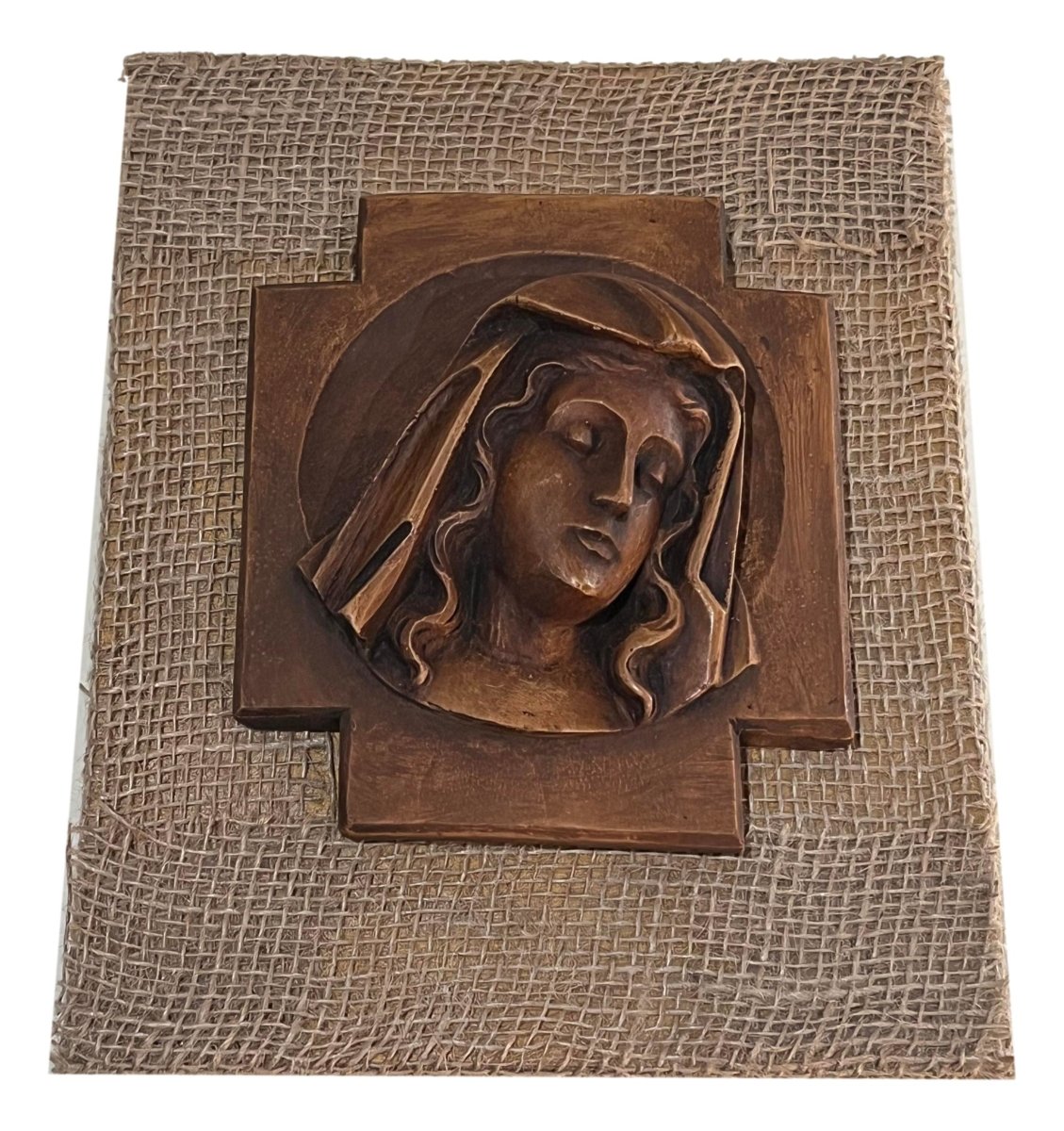 Art Virgen On Burlap Covered Wooden Plaque Handcrafted By Local Artisans L: 10 inches X W: 8 inches - Ysleta Mission Gift Shop