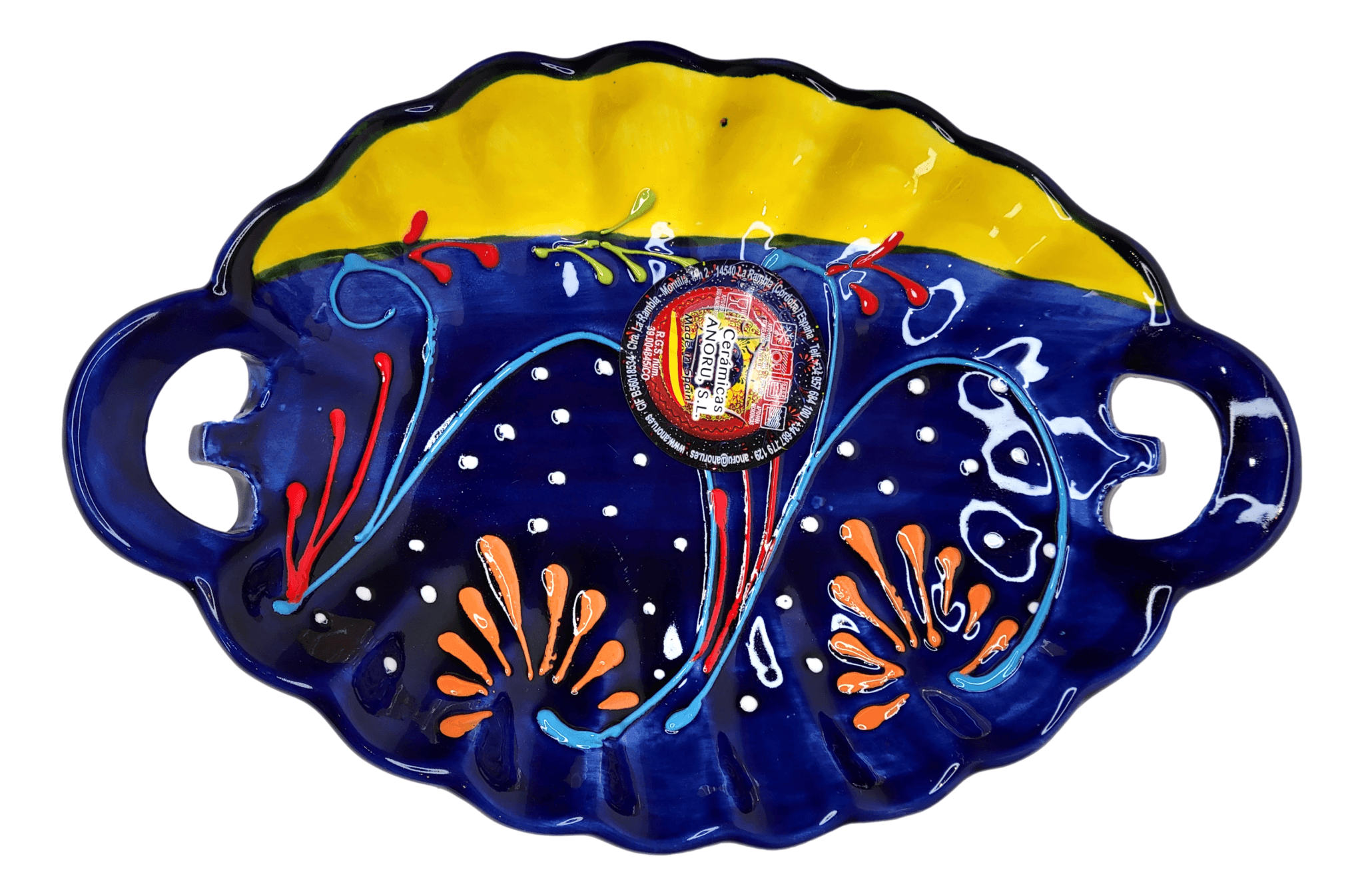 Bowl Large Serving Dish Ceramic Multi-Colored Hand Crafted By Anoru Spain 10 3/4 L x 7 W x 2 H Inches - Ysleta Mission Gift Shop- VOTED El Paso's Best Gift Shop
