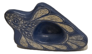 Bowl Stone Blue White Bird Embossed Detailing Handcrafted By Mexican Artisan Signed L: 13 inches W:8 inches H: 2.5 inches - Ysleta Mission Gift Shop- VOTED El Paso's Best Gift Shop