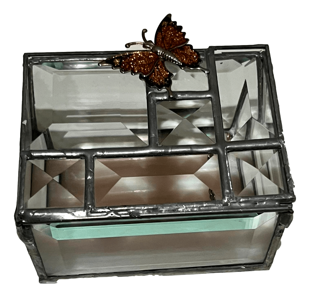 Box Flip Top Glass Orange Butterfly Accent L: 4 inches X W: 3 inches H: 2 inches - Ysleta Mission Gift Shop- VOTED El Paso's Best Gift Shop