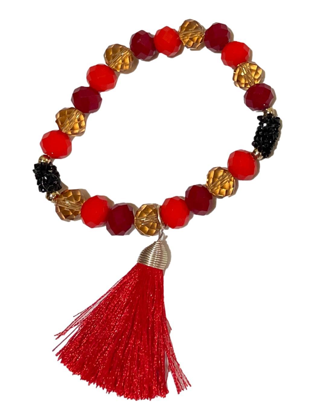 Bracelet Red Glass Beads Red Tassel Handcrafted