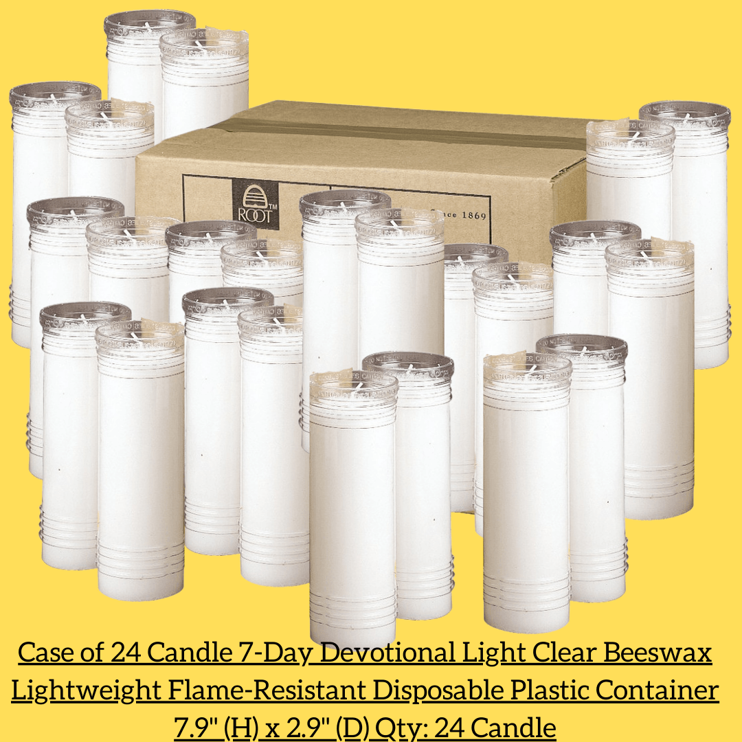Candle Case of 24 7-Day Devotional Light Clear Beeswax Lightweight Flame-Resistant Disposable Plastic Container 7.9" (H) x 2.9" (D) Qty: 24 Candle - Ysleta Mission Gift Shop- VOTED 2022 El Paso's Best Gift Shop