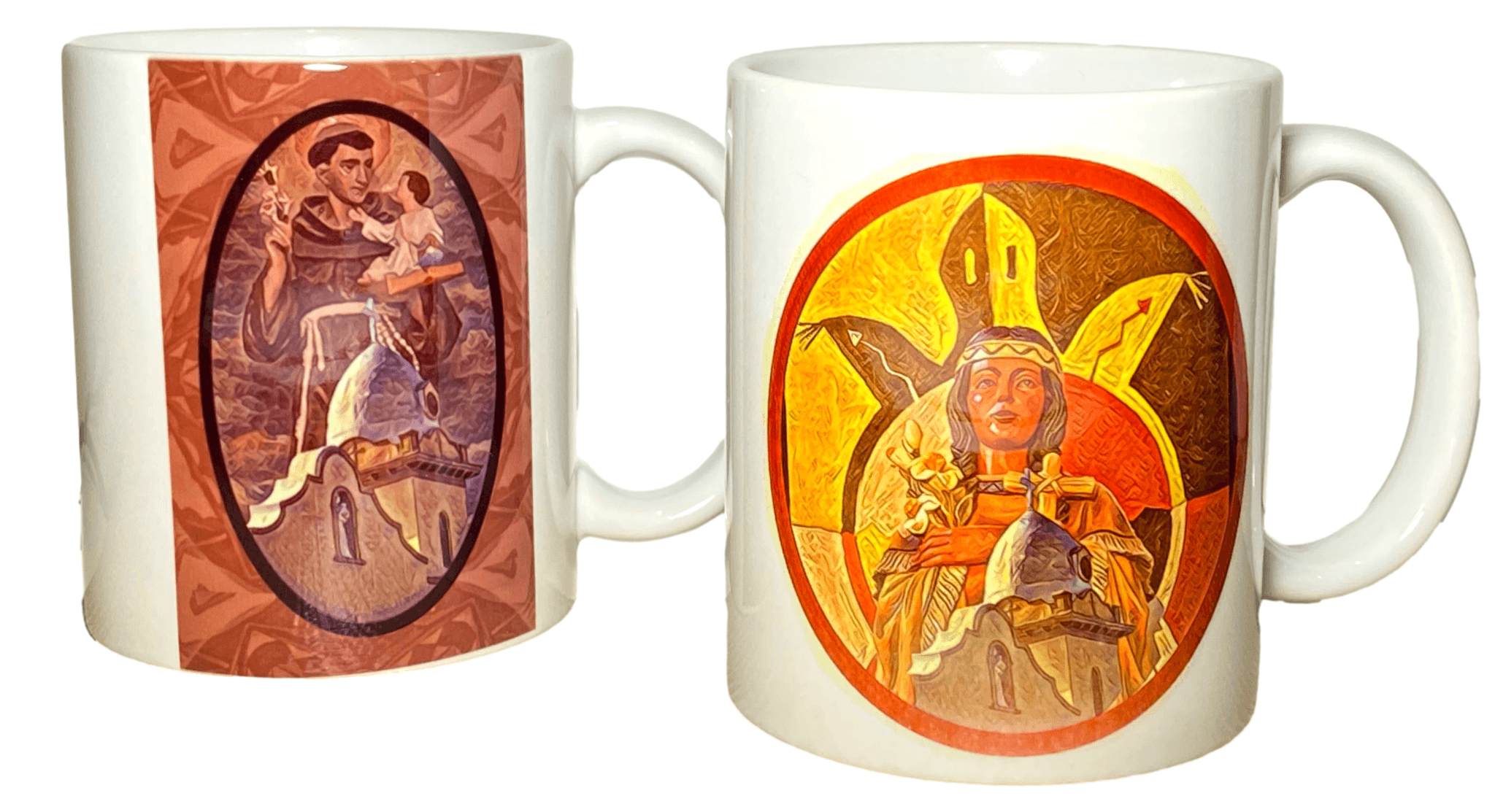 Coffee Cup Ceramic White Tigua Native American Created Images from Ysleta Mission 3 3/4 L x 4 1/2 W Inches - Ysleta Mission Gift Shop- VOTED El Paso's Best Gift Shop