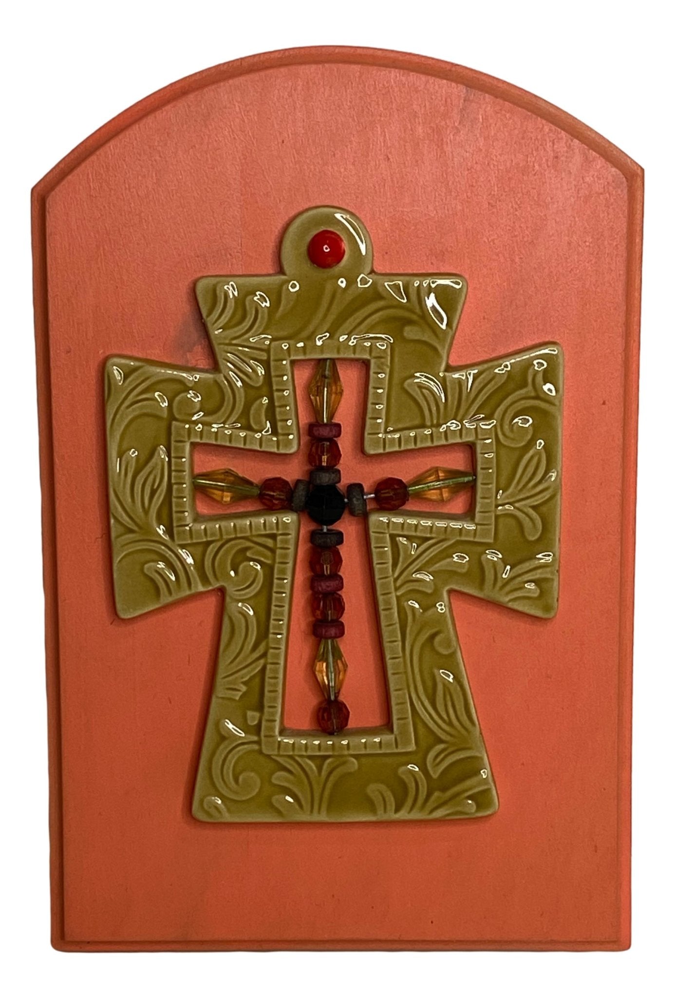 Cross Ceramic Wood Wall Art Acrylic Wood Bead Cross Center Handcrafted by Local Artist Norma 5 1/2 L x 3/4 W x 8 1/2 H Inches - Ysleta Mission Gift Shop- VOTED 2022 El Paso's Best Gift Shop