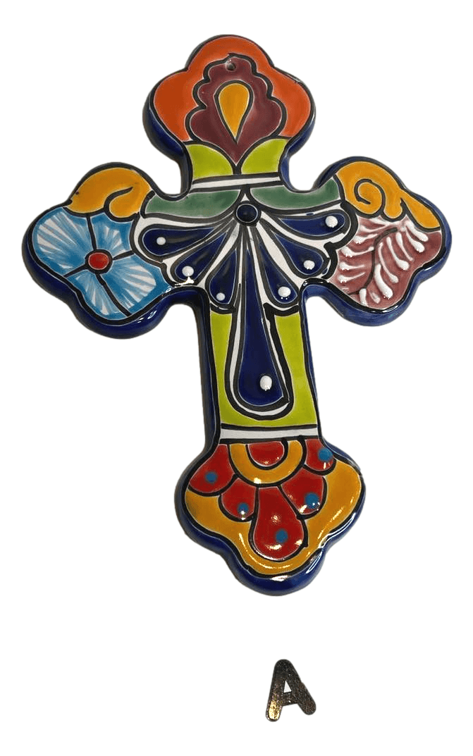 Cross Talavera Ceramic Glazed Clover Shaped Ends Handcrafted In Mexico Large W: 8.5 inches X H:11.5 inches - Ysleta Mission Gift Shop- VOTED 2022 El Paso's Best Gift Shop
