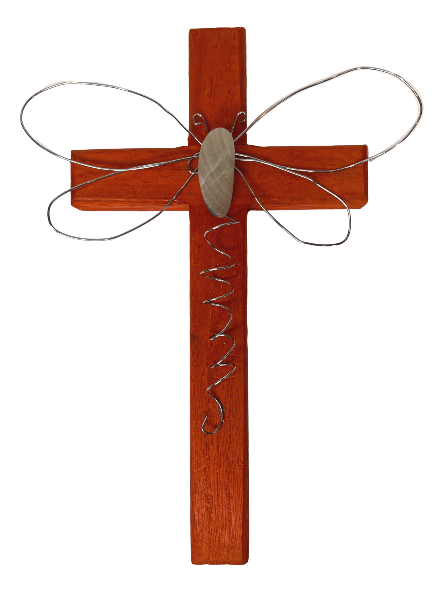 Cross Wall Hang Orange Wood Single Wire Dragonfly Shape Stone Center Handcrafted by Local Artisan 4 1/2 L x 3/4 W x 8 H Inches - Ysleta Mission Gift Shop- VOTED El Paso's Best Gift Shop