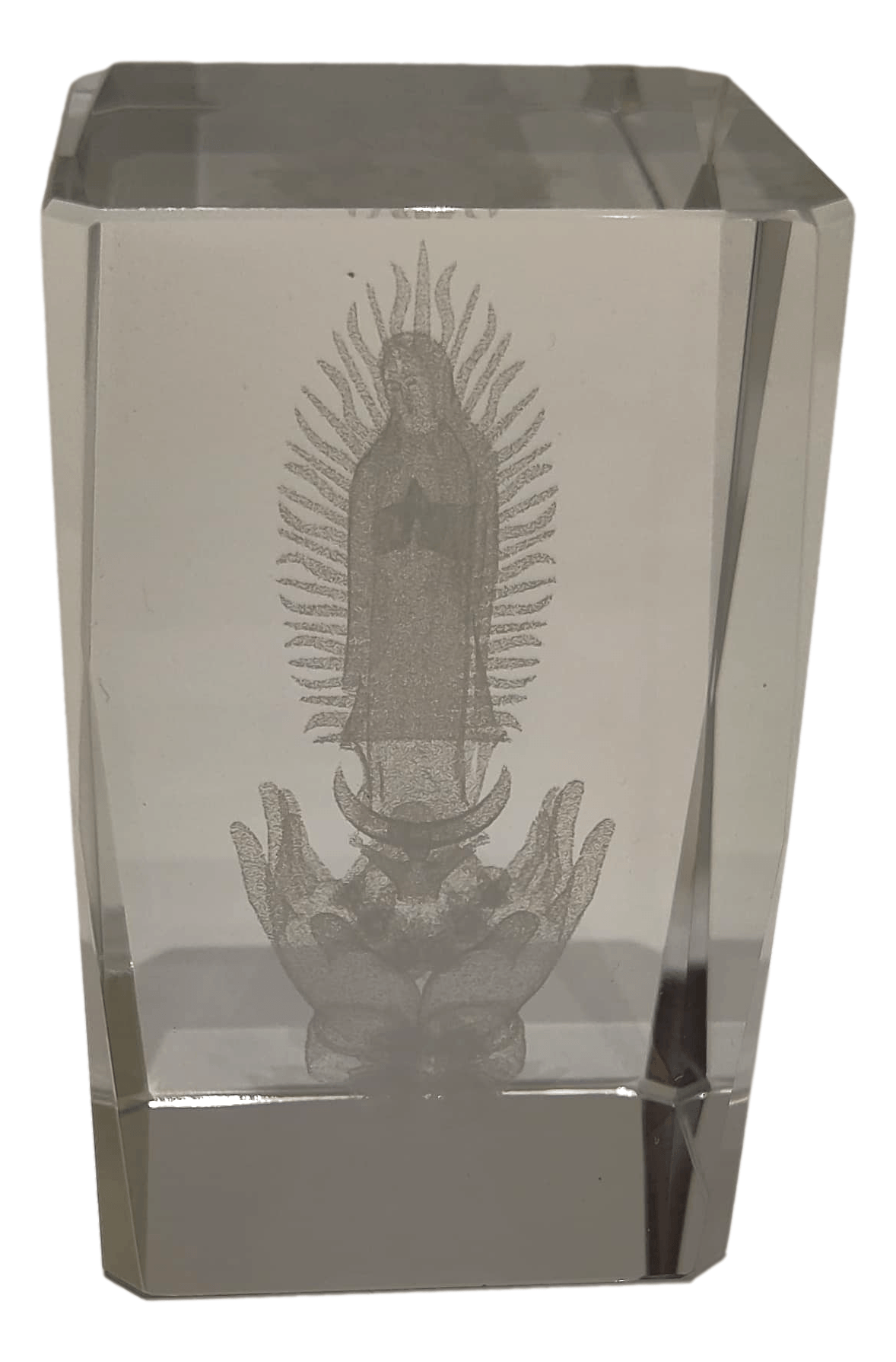 Cube Laser Cut Virgen De Guadalupe TabletopCrystal ClearW:2inches X H: 3 inches - Ysleta Mission Gift Shop- VOTED El Paso's Best Gift Shop
