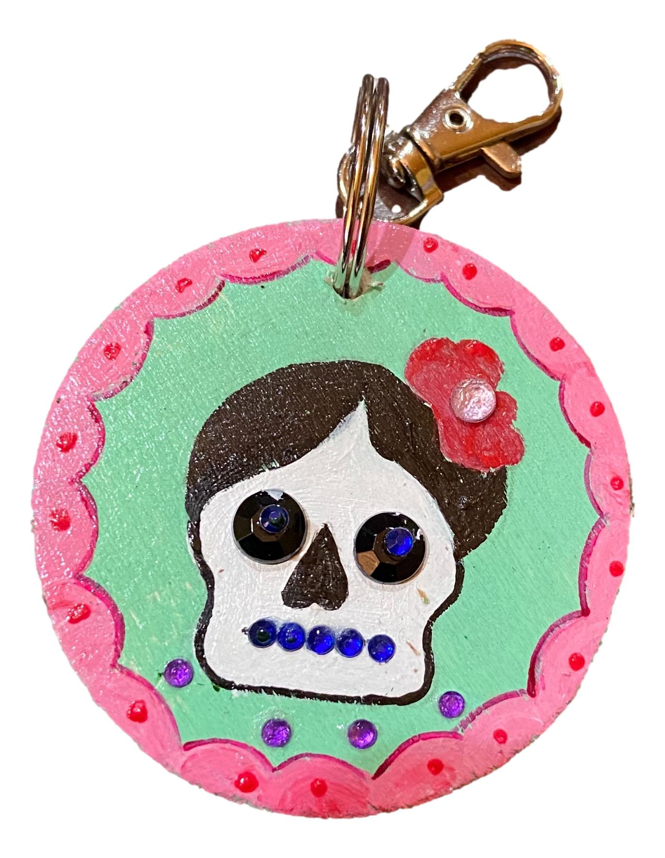 Day of The Dead Key Chain Wood 3" Calavera Handpainted By Local El Paso Artist Ray - Ysleta Mission Gift Shop- VOTED El Paso's Best Gift Shop