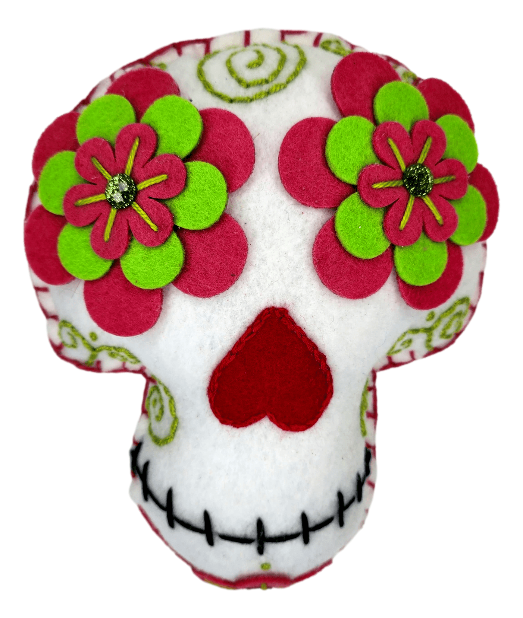 Day of the Dead Pillow Skull Felt Flower Stitched Eyes Handcrafted By El Paso Artist L:8.5 inches X W: 7 inches - Ysleta Mission Gift Shop- VOTED El Paso's Best Gift Shop