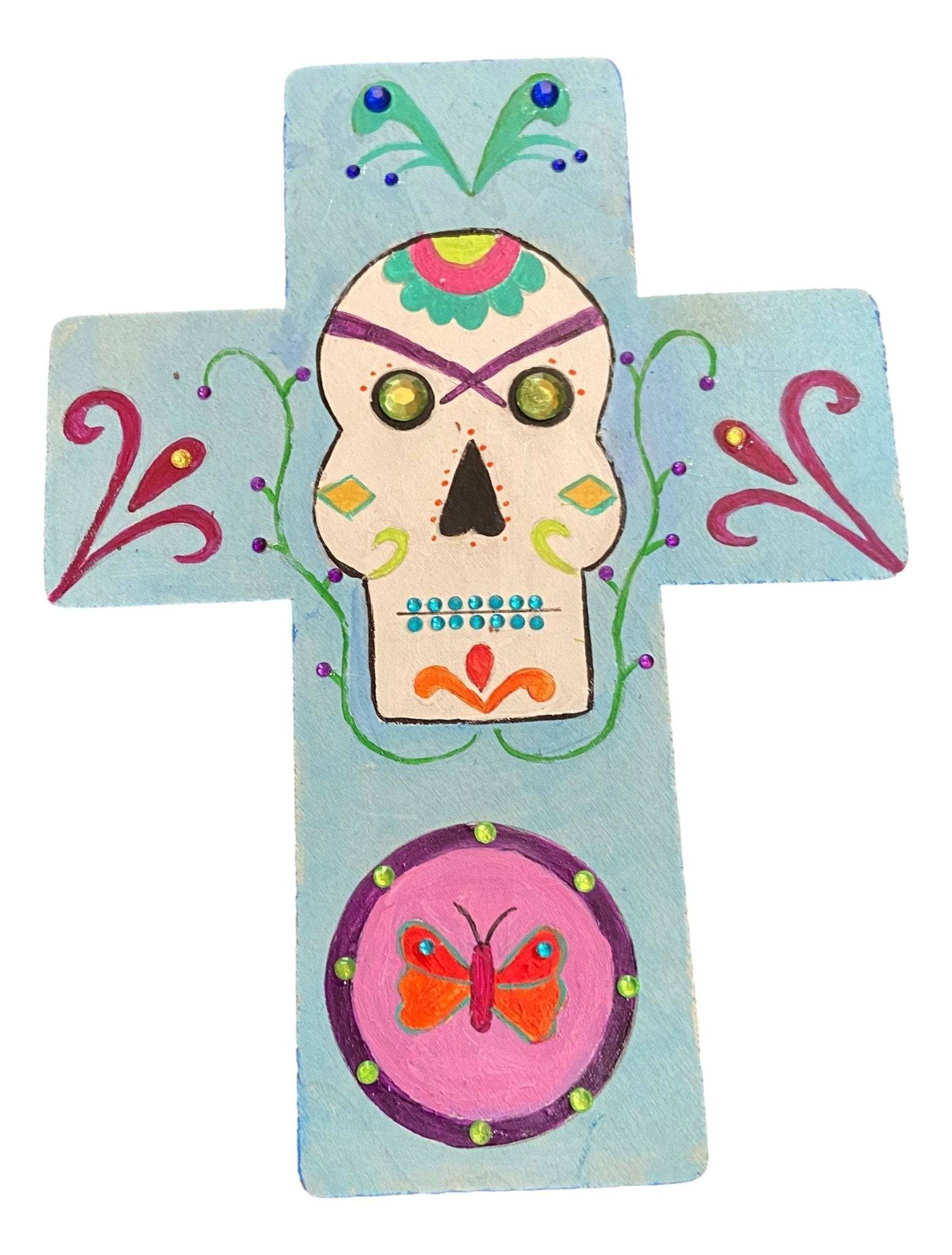 Day of the Dead Wood Cross Handcrafted Original Designs By Local El Paso Artist Ray Wall Art 9in x 7in - Ysleta Mission Gift Shop- VOTED El Paso's Best Gift Shop