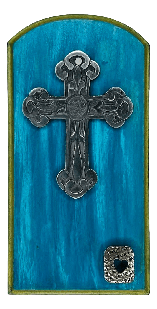 Plaque Wood Pewter Cross Heart Love Handcrafted By Local Artist Norma - Ysleta Mission Gift Shop- VOTED 2022 El Paso's Best Gift Shop