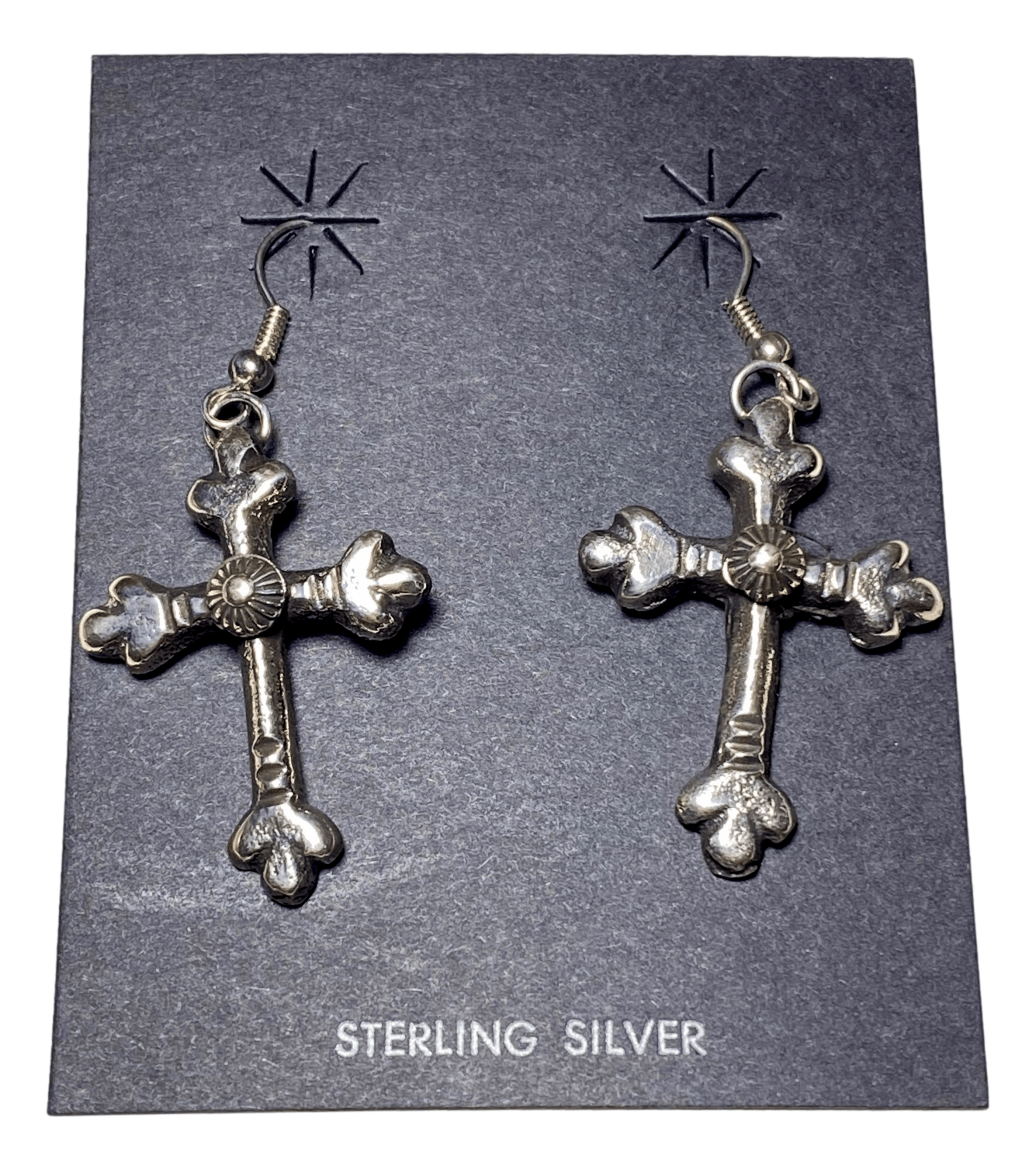 Earrings Dangle Sterling Silver Cross Concho Center Flower Ends Handcrafted by Native American Artisan 2 L x 1 W inches - Ysleta Mission Gift Shop- VOTED El Paso's Best Gift Shop