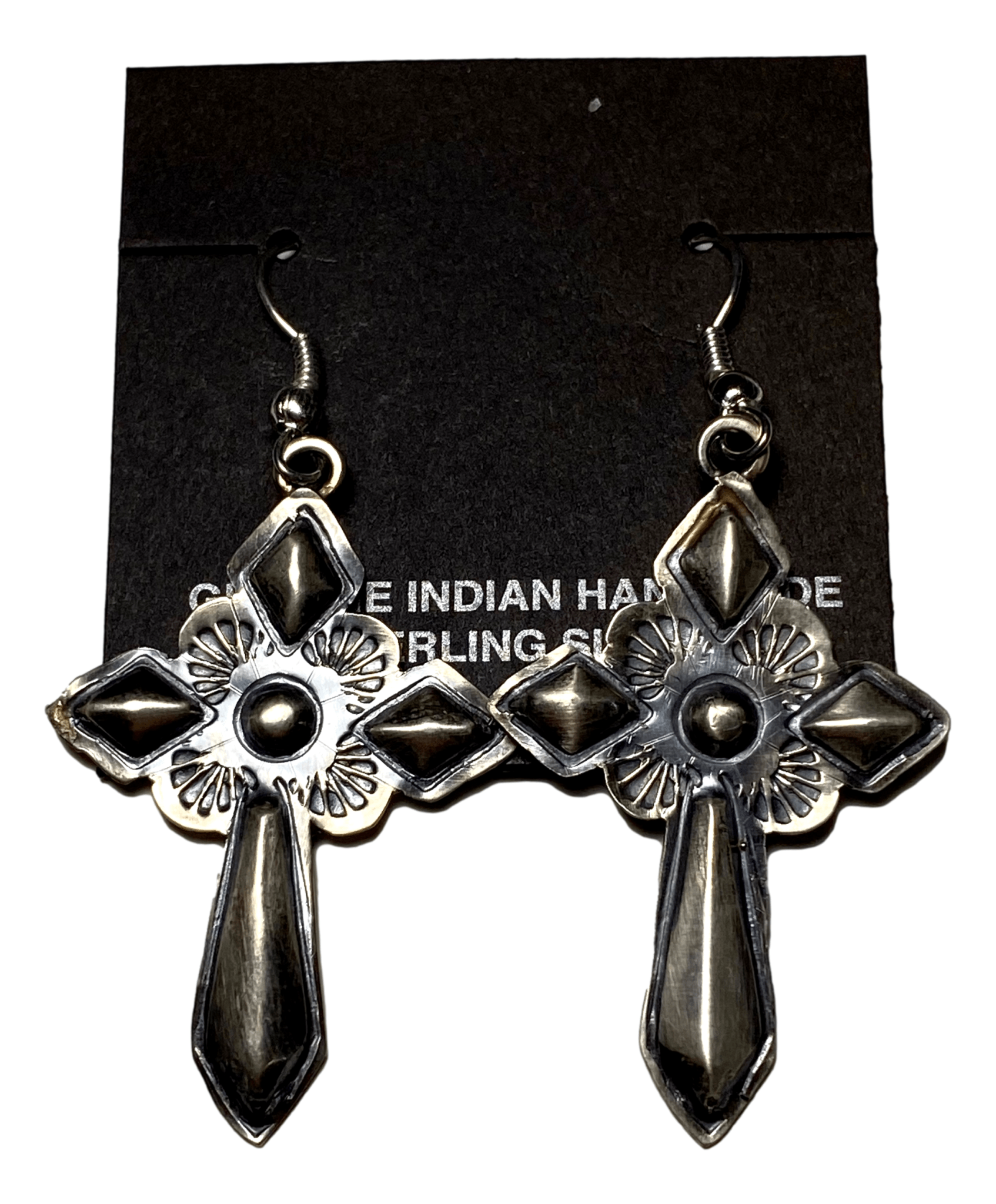 Earrings Dangle Sterling Silver Engraved Cross Diamond Design Handcrafted by Native American Artisan 2 1/4 L x 1 W inches - Ysleta Mission Gift Shop- VOTED El Paso's Best Gift Shop