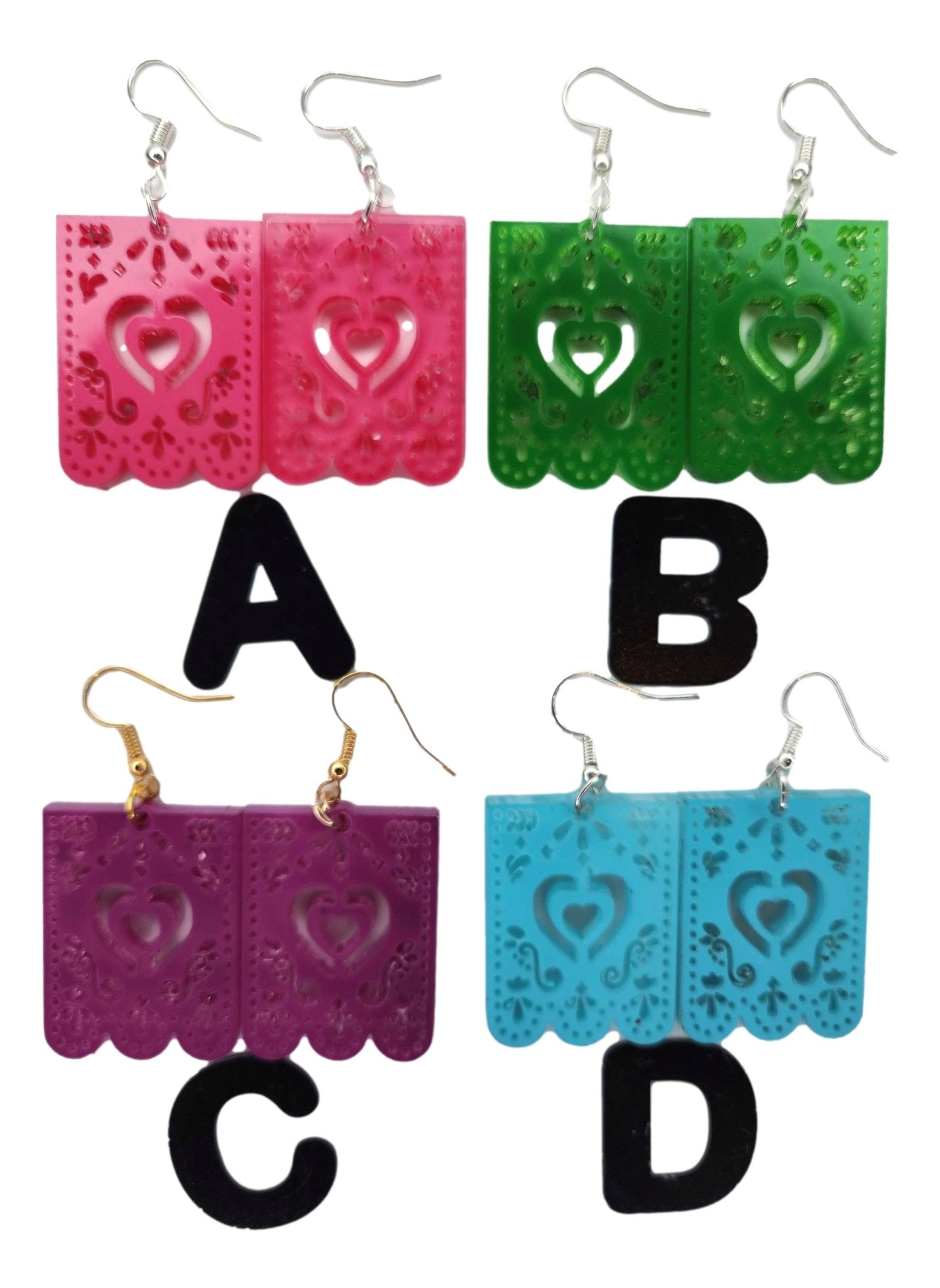 Earrings Day of The Dead Papel Picado Hearts Acrylic Handcrafted By El Paso Artist Norma L: 1.5 inches X W:1.5 inches - Ysleta Mission Gift Shop- VOTED 2022 El Paso's Best Gift Shop