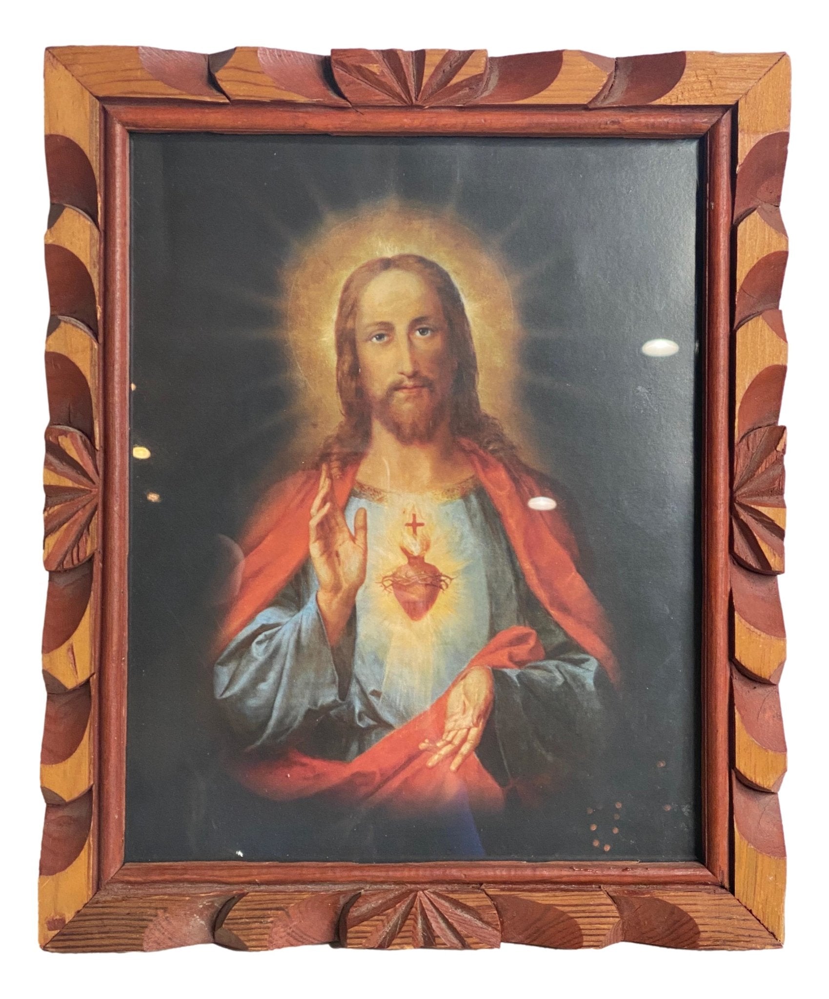 Frame Carved Wood Sacred Heart Color Print Handcrafted by Local Artisan 9 1/2 L x 3/4 W x 11 1/2 H Inches - Ysleta Mission Gift Shop- VOTED 2022 El Paso's Best Gift Shop