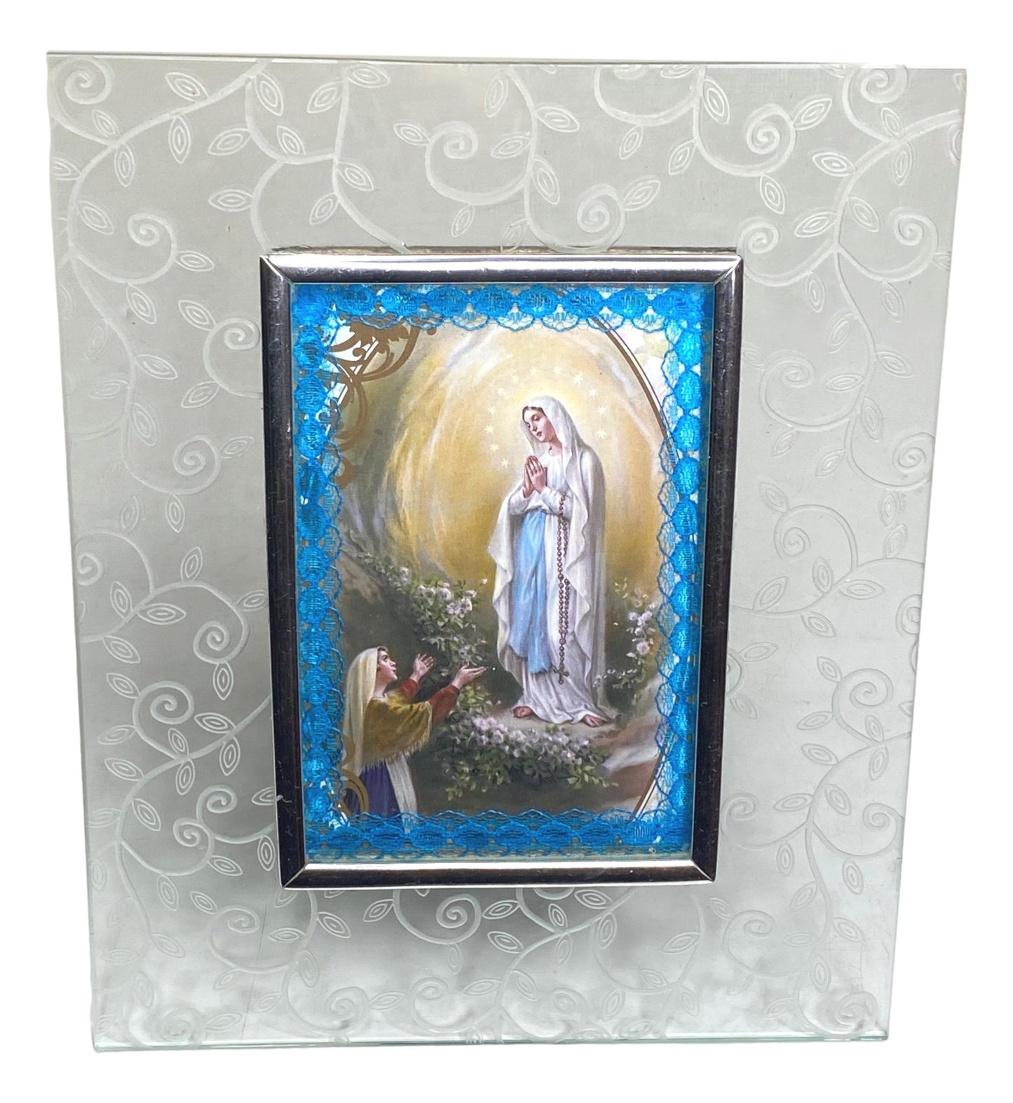 Frame Glass Leaf Pattern Our Lady of Fatima Image Handcrafted