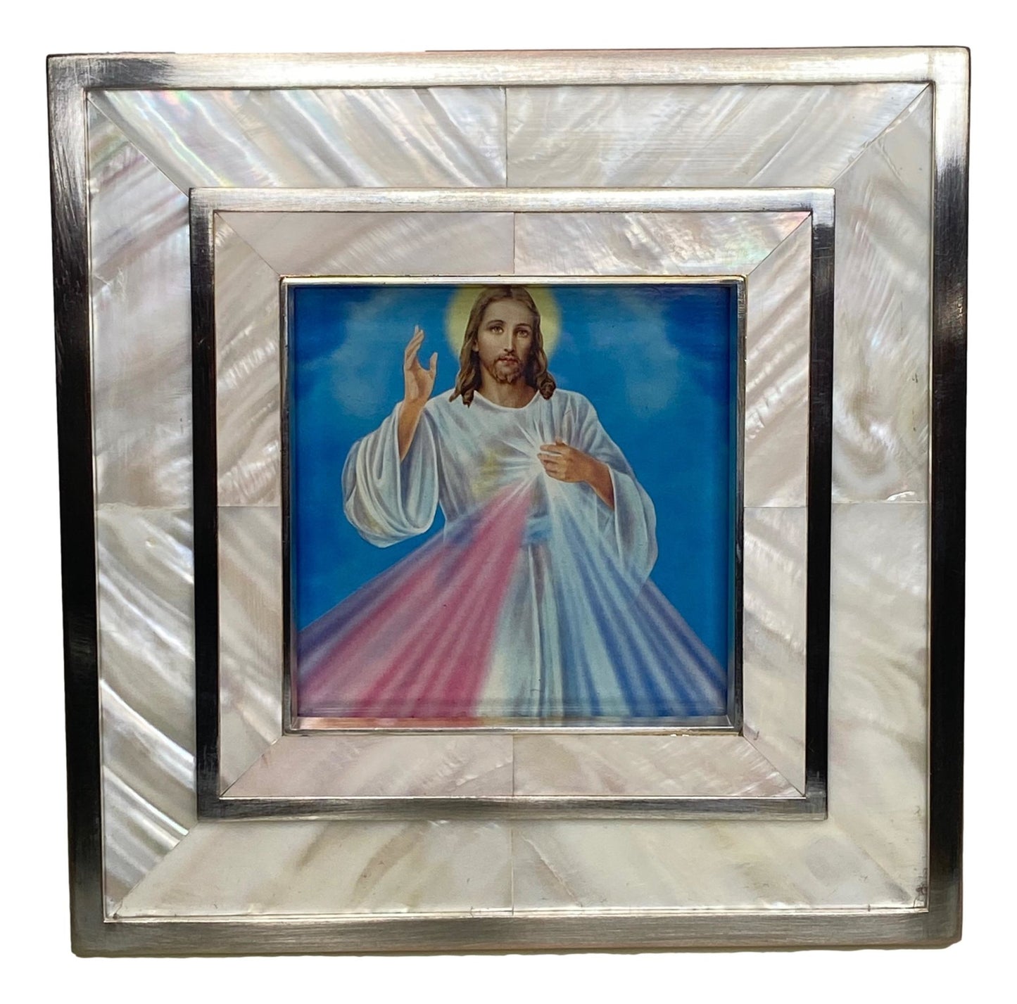 Frame Metal Mother of Pearl Divine Mercy Image 7 L x 7 W Inches - Ysleta Mission Gift Shop- VOTED 2022 El Paso's Best Gift Shop