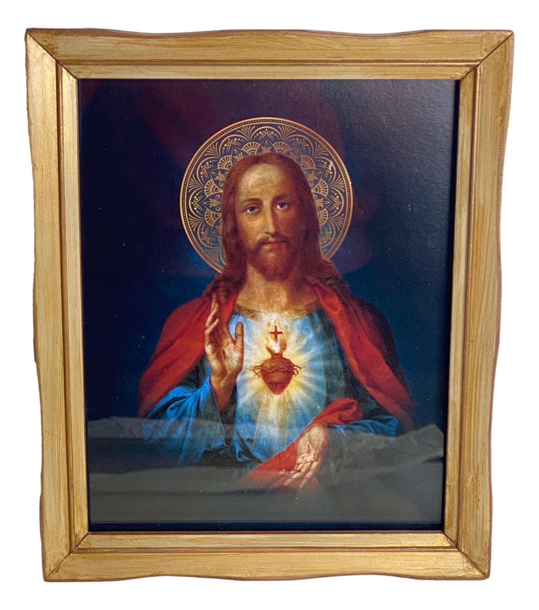 Frame Wood Sacred Heart Color Print Handcrafted by Local Artisan 9 1/2 L x 3/4 W x 11 1/2 H Inches - Ysleta Mission Gift Shop- VOTED 2022 El Paso's Best Gift Shop