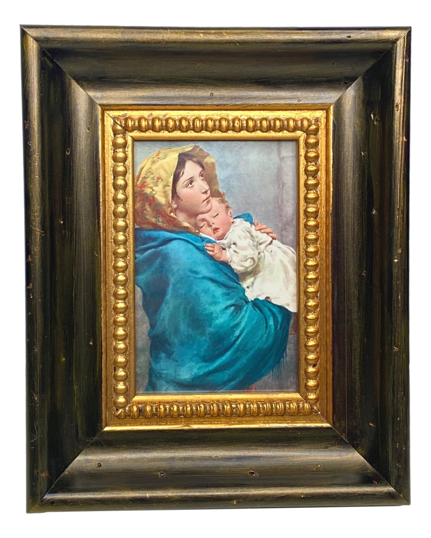 Frame Wood Vintage Madonna Sleeping Child Image Handcrafted by Local Artist Norma 8 L x 1 1/2 W x 10 H Inches - Ysleta Mission Gift Shop- VOTED 2022 El Paso's Best Gift Shop