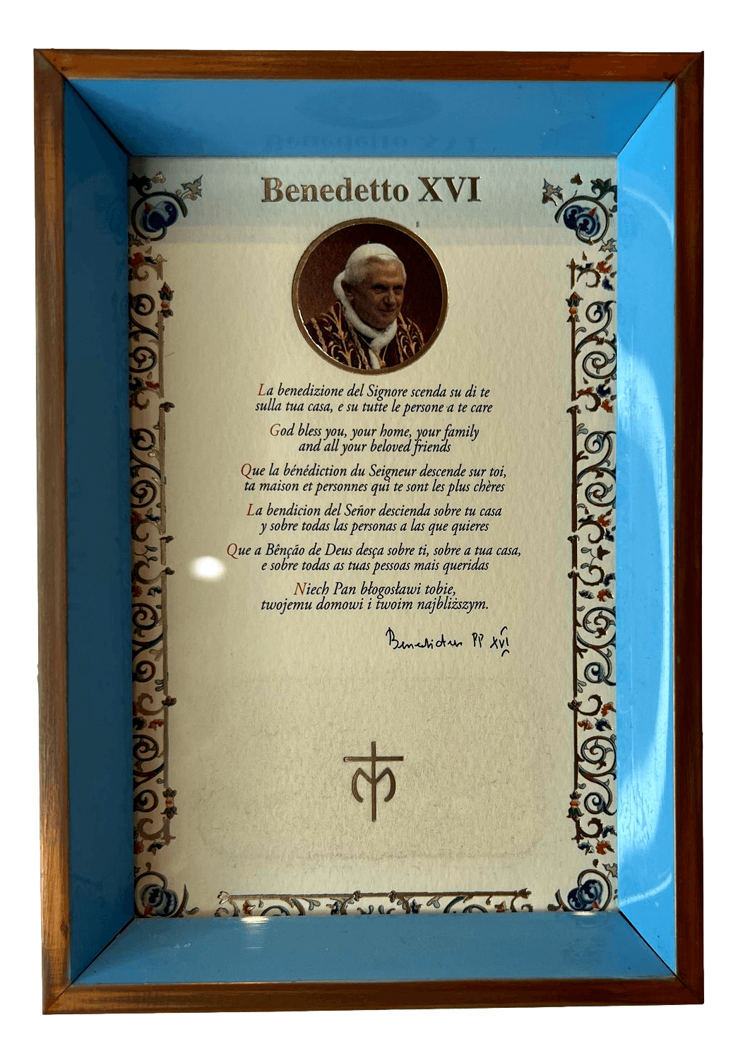 Framed Art Pope Benedetto XVI Home Blessing in Multiple Languages Printed on Linen Paper Tabletop L:6.5 x W: 4.5 inches - Ysleta Mission Gift Shop- VOTED El Paso's Best Gift Shop