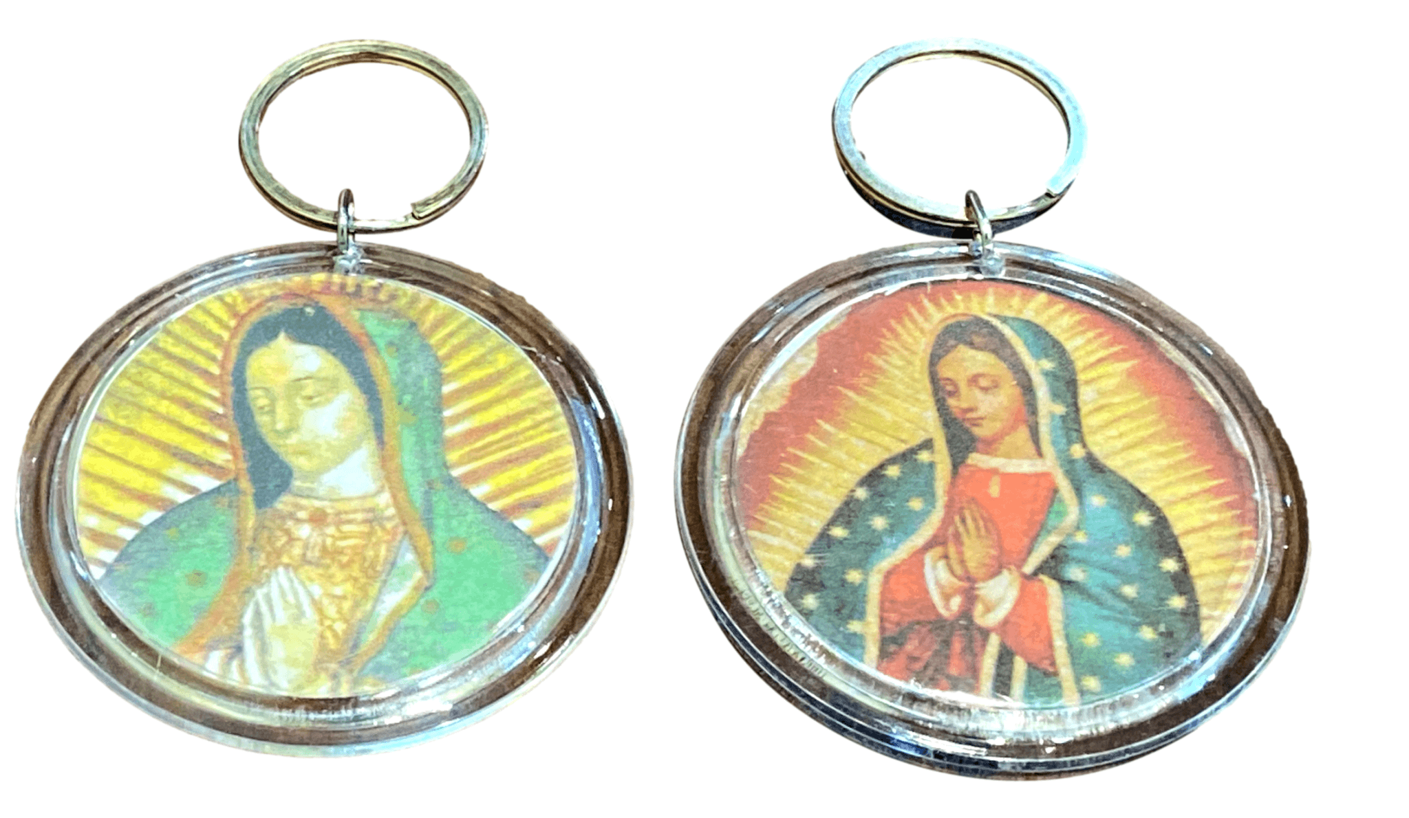 Keychain Round Virgen de Guadalupe Handcrafted by Local Artist Ramon Approximate Diameter: 2.75in - Ysleta Mission Gift Shop- VOTED El Paso's Best Gift Shop