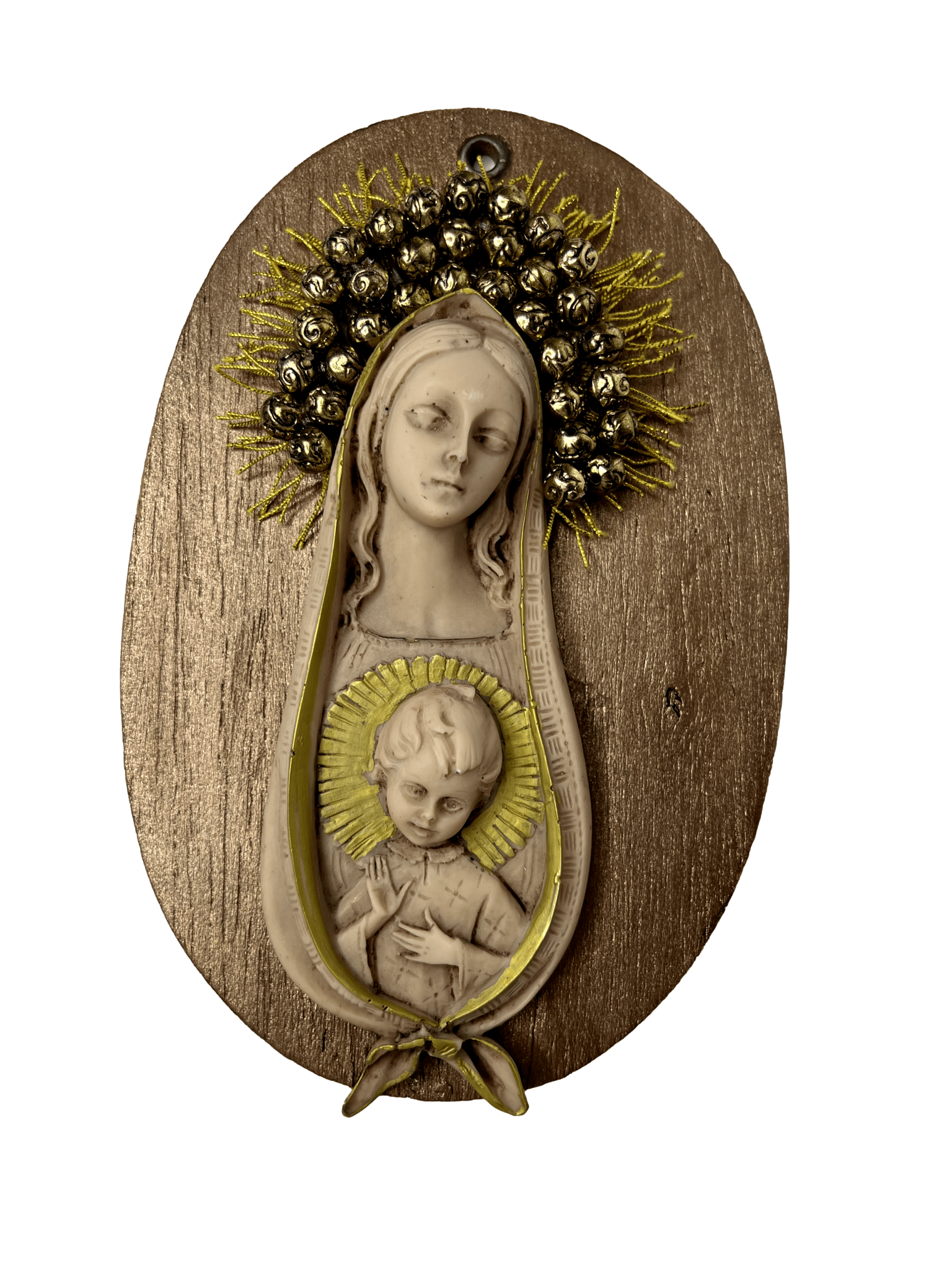 Madonna and Child Alabaster Gold Crown Jewelry Bead Embellishment On Wood Handcrafted By Local El Paso Artist L:9 inches W:6 inches - Ysleta Mission Gift Shop- VOTED El Paso's Best Gift Shop