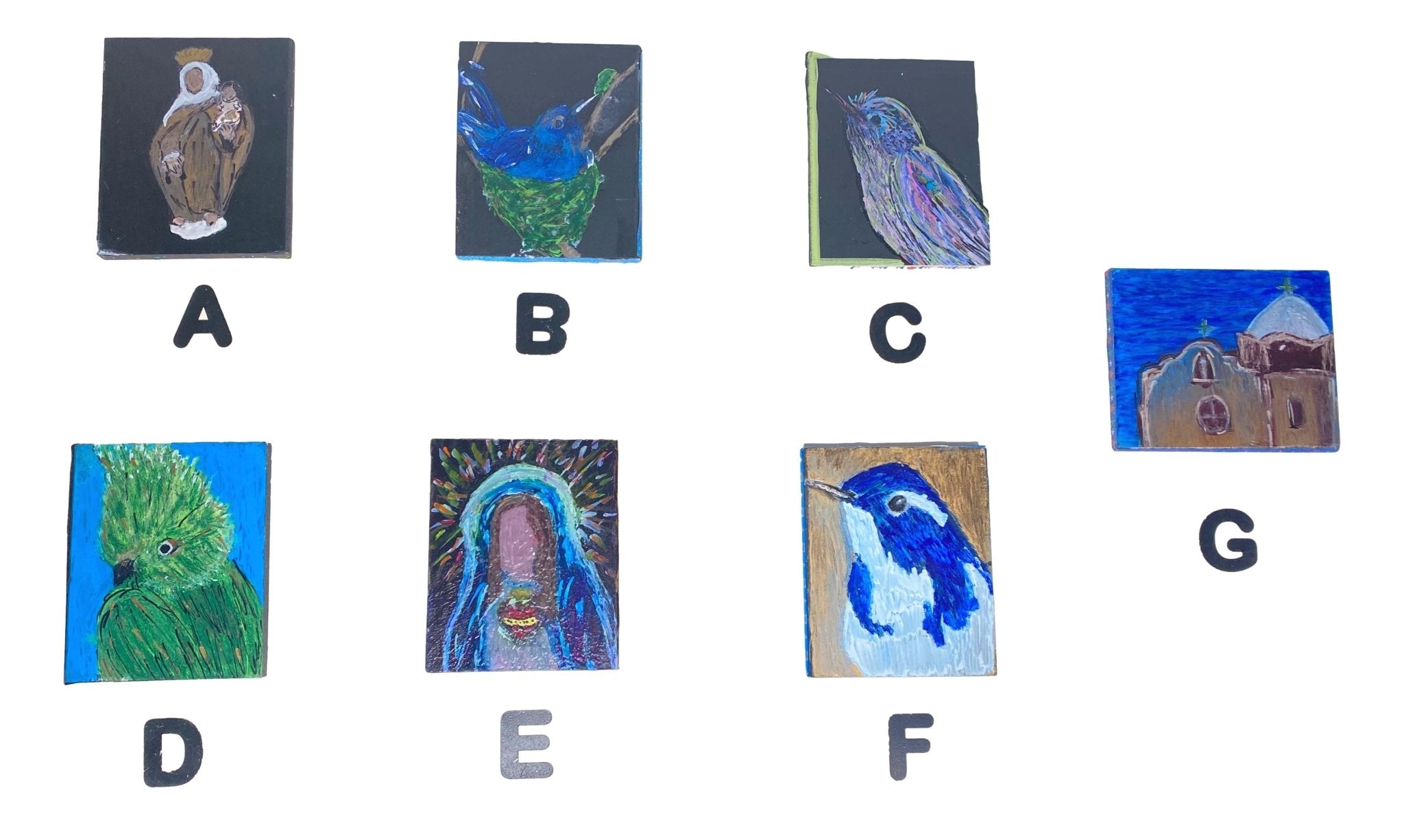 Magnets Wood Birds & Religious Designs Handcrafted by Local Artist 3 1/2 L x 3 W Inches - Ysleta Mission Gift Shop- VOTED 2022 El Paso's Best Gift Shop