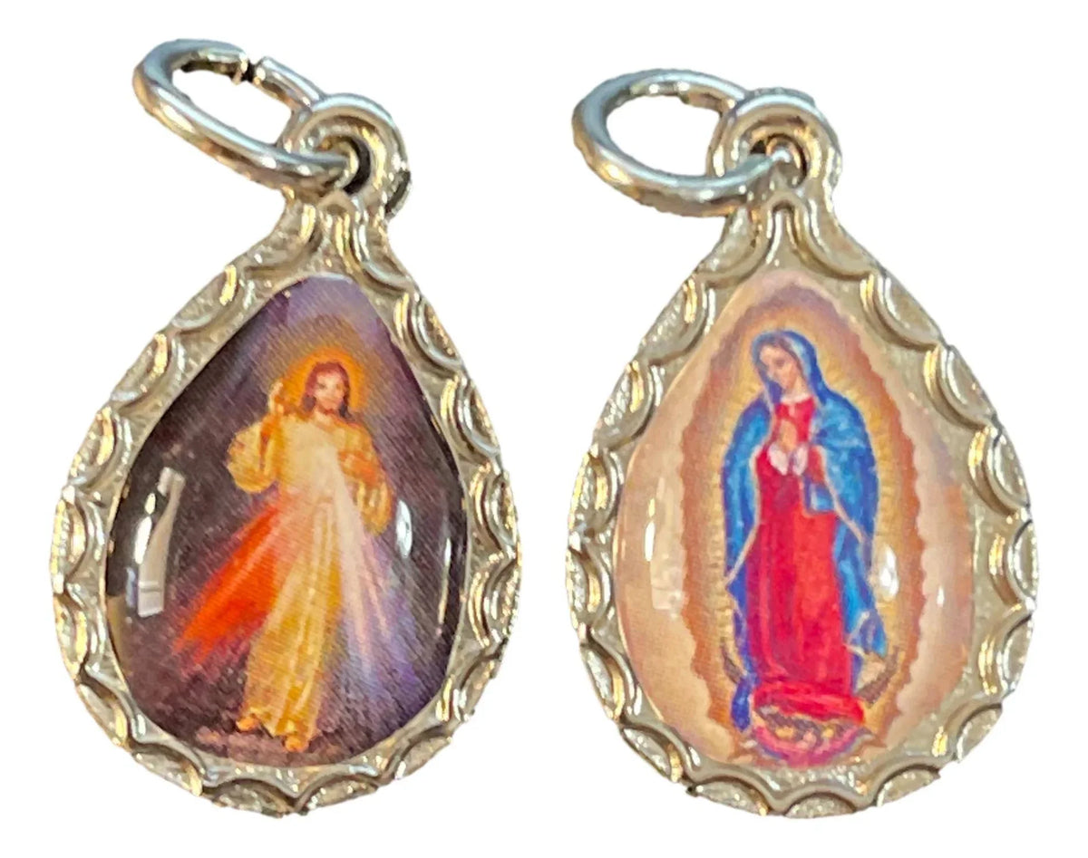 Double-sided Catholic Saint charm pendant with teardrop shape, silver-tone edging, resin encased saint, made in Italy, 2cm.