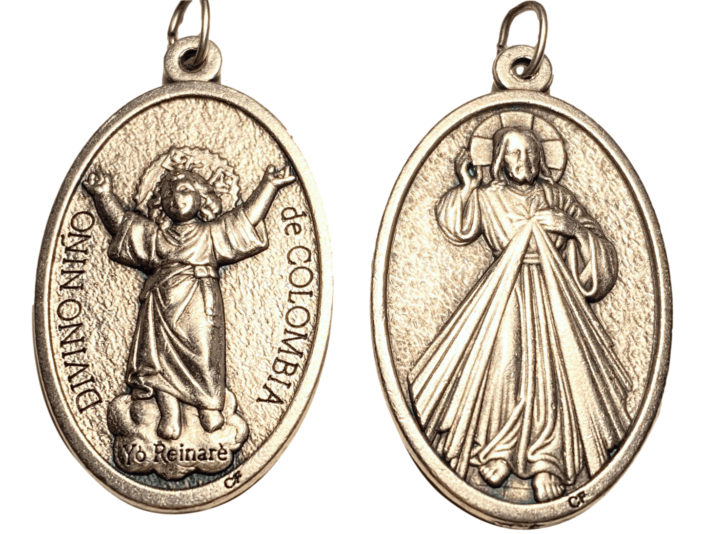 Medal Divine Mercy Santo Nino de Colombia Italian Double-Sided Silver Oxidized Metal Alloy 1 3/4 L x 1 W Inches - Ysleta Mission Gift Shop- VOTED El Paso's Best Gift Shop