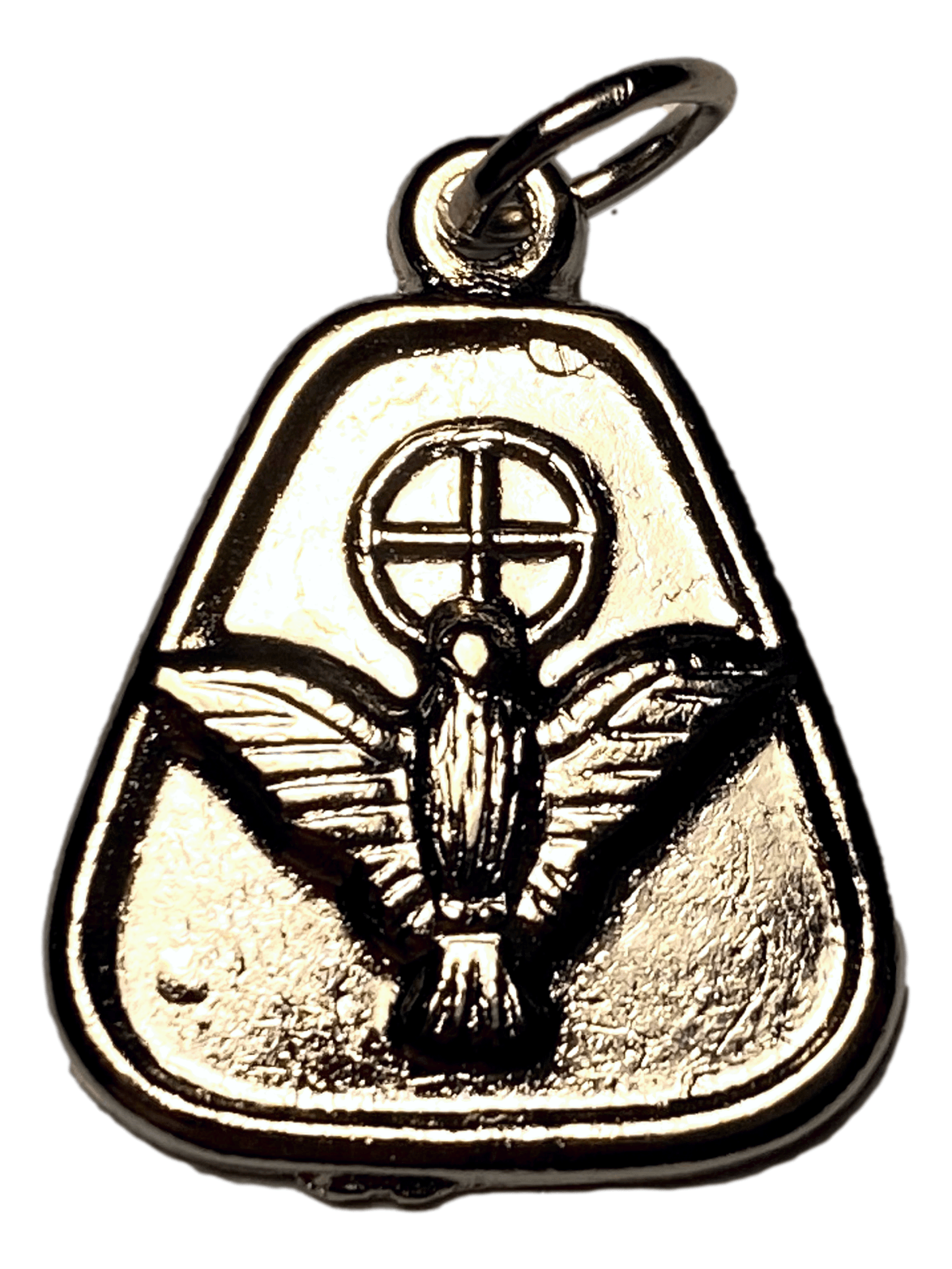 Medal Dome Shape Holy Spirit Italian Double-Sided Silver Metal Alloy 1 L x 3/4 W inches - Ysleta Mission Gift Shop- VOTED El Paso's Best Gift Shop